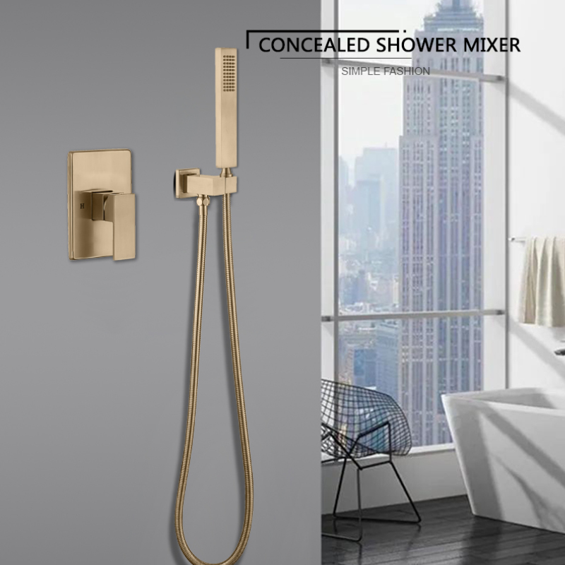 Brushed Gold Hand Shower System Set with Wall Mounted Concealed Tap Faucet Mixer Round and Square and Cold Bathroom Fixture