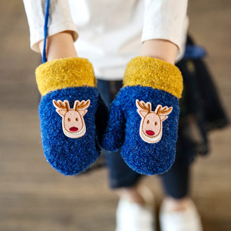 Belle 1-3 ans enfants hiver dessin animé papier cerf tricot mitaines garçon/filles épaissir velours tricot enfants doux gant A23: Royal Blue