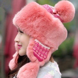Thick warm fluff Bomber hats for women winter Chapeau chaud cute ethnic style women anti-cold earmuffs hat women&#39;s hat: dark pink