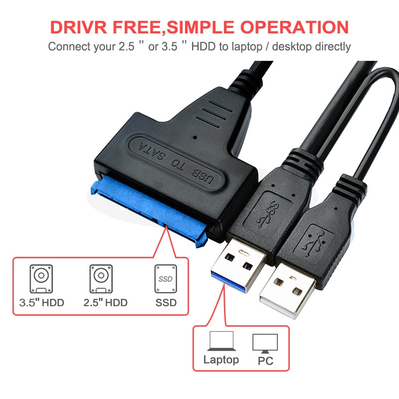 Dual USB Sata Cable USB To Sata Adapter Suport 2.5 or 3.5 Inch External SSD HDD Hard Drive Sata Cable Sata USB 3.0 Adapter