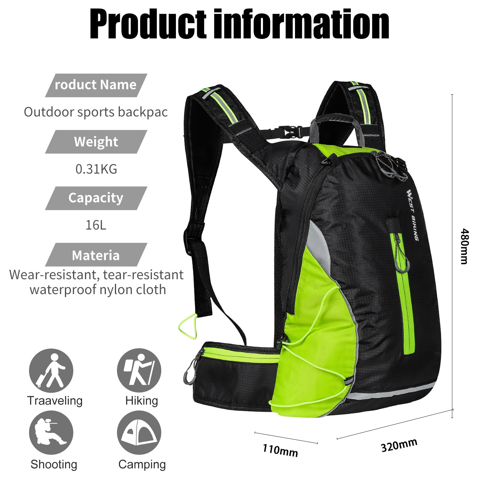WEST BIKING 16L Cycling Knapsack Mountain Bike Bag Outdoor Backpack Leisure Light Travel Bag Riding Equipment