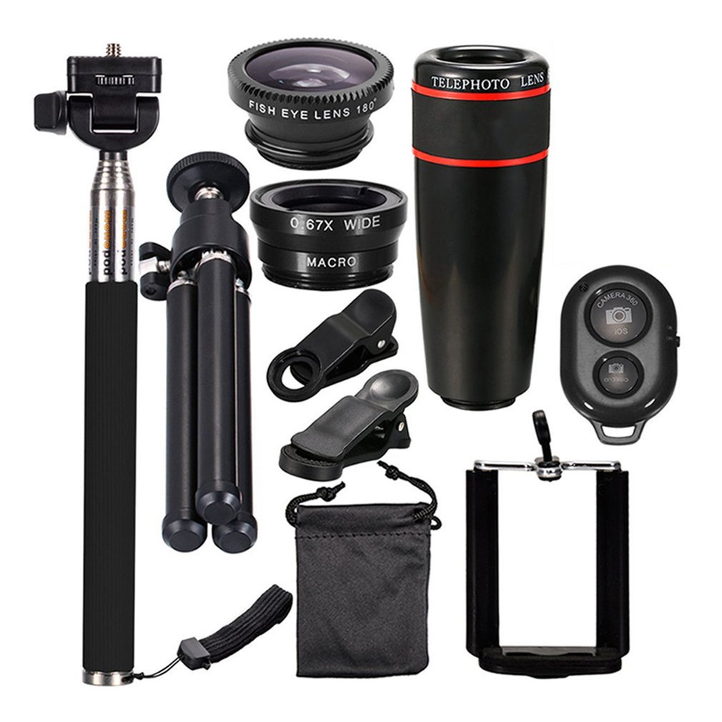 10 En 1 cámara de teléfono móvil Kit de lentes de teleobjetivo de Zoom 12X para iPhone Android Smartphones obturador Bluetooth monópodo trípode