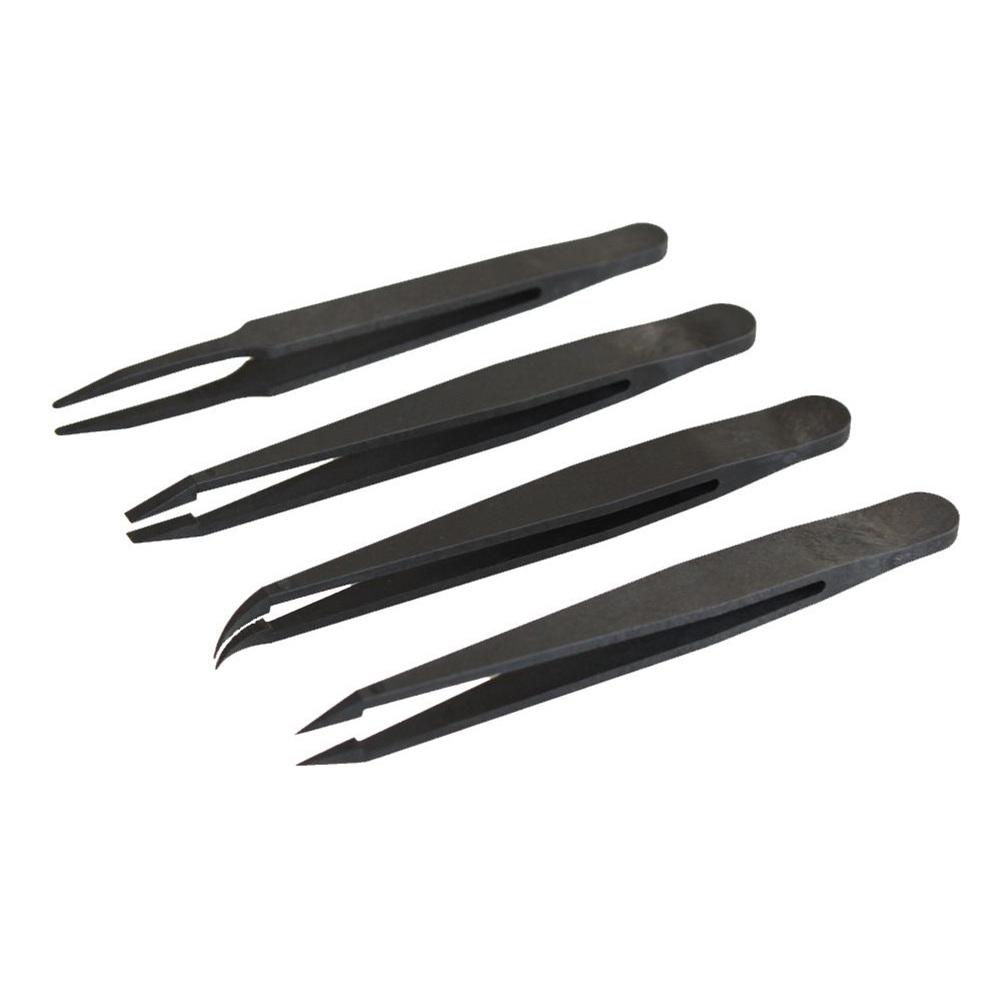 Juego de Herramientas antiestáticas de fibra de carbono negro, pinzas de plástico, punta plana, codo, boca ancha redonda