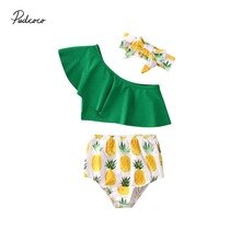 Summer Swimsuit Toddler Kids Baby Girl Swimwear Pineapple Bow Bikini Swimming One Shoulder Tops Hight Waist Bottom Headband