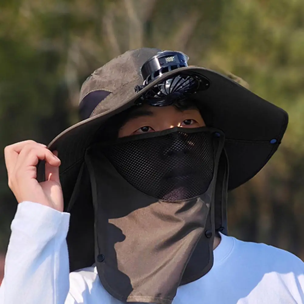 Sombrero con ventilador Solar con protector facial, solapa para el cuello, sombrero con protección UV, recargable por USB, para hombre, verano, pesca al aire libre, gorra de cubo de ala ancha