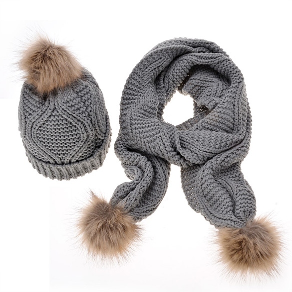 Höst vinter kvinna varma halsdukar diamantform ull stickade mössor virkade skullies gorros kvinna hattar två delar mössa + halsduk /set: Grå