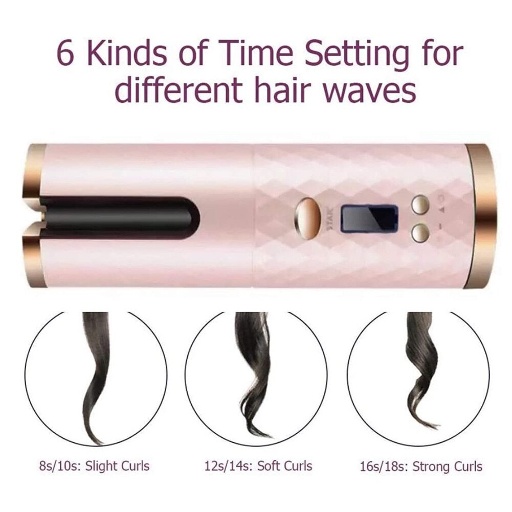 Cordless Automatic Hair Curler USB Rechargeable Curling Iron Curls Waves LCD Display Ceramic Curly Rotating Curling Wave Styler