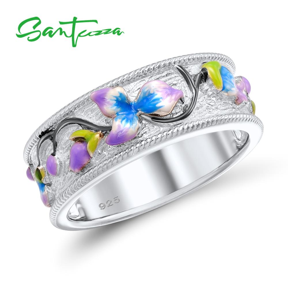 SANTUZZA Silver Ring For Women 925 Sterling Silver Delicate Flower White Cubic Zirconia Party Jewelry Handmade Enamel