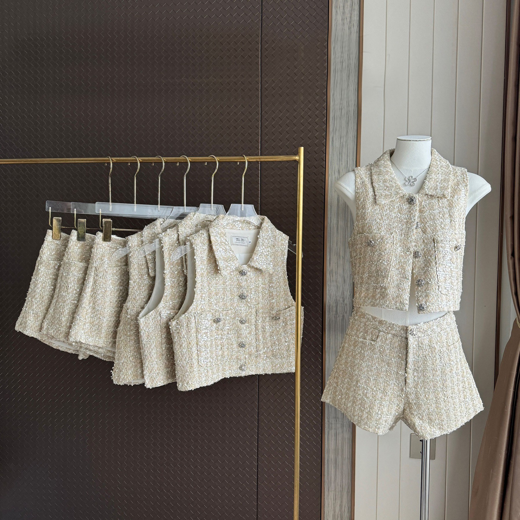 Kvinners årgang todelt paljett tweed kort kjole dame sommer høy gate ermeløs nedkrage kort singlet + shorts