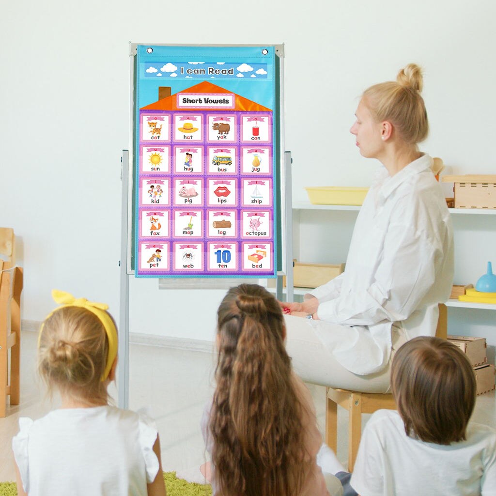 Pocket Chart with 154 Cards Purple Wall Hanging Short Vowels Hanging Bag for Teacher