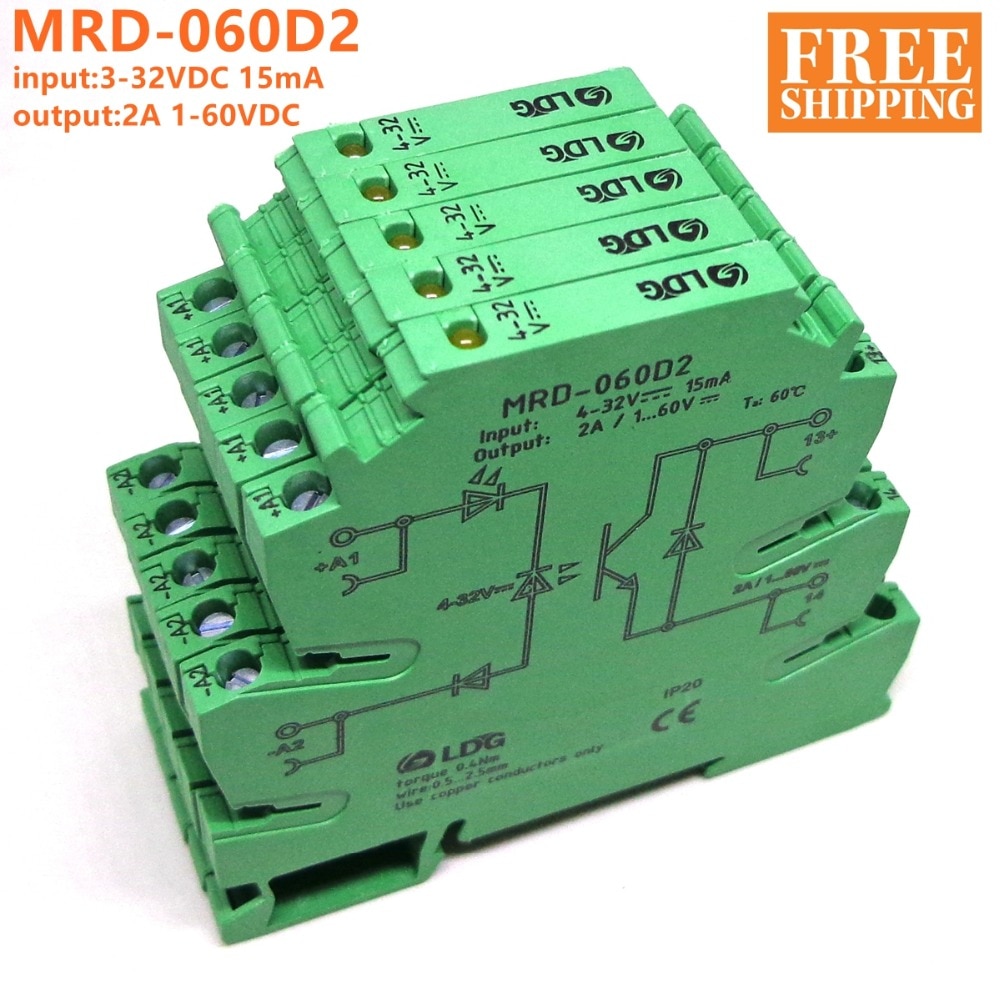 5 stk mrd -060 d 2 innovativ ledet-indikasjon 2a inngang : 5v 12v 24v likestrøm ssr fast sate relégrensesnitt din skinne relémodulbryter
