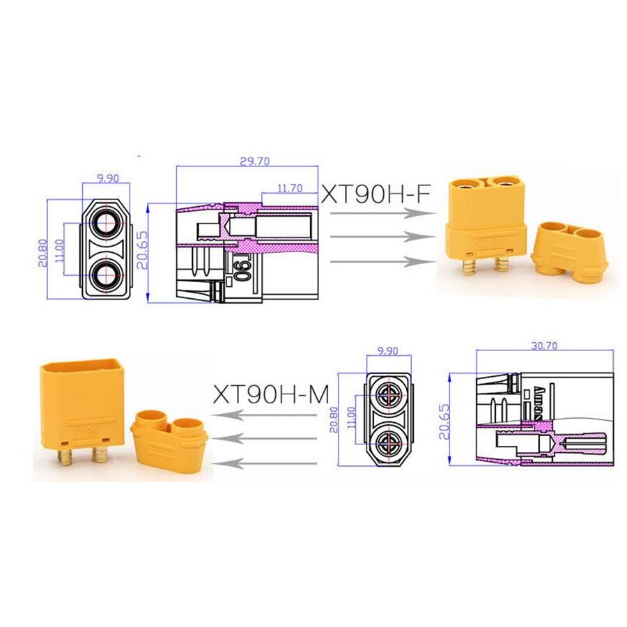 1 par  xt90h (xt90 med kappehus ) 4.5mm banankontakt gullbelagt til lipo batteri esc pdb 20% av