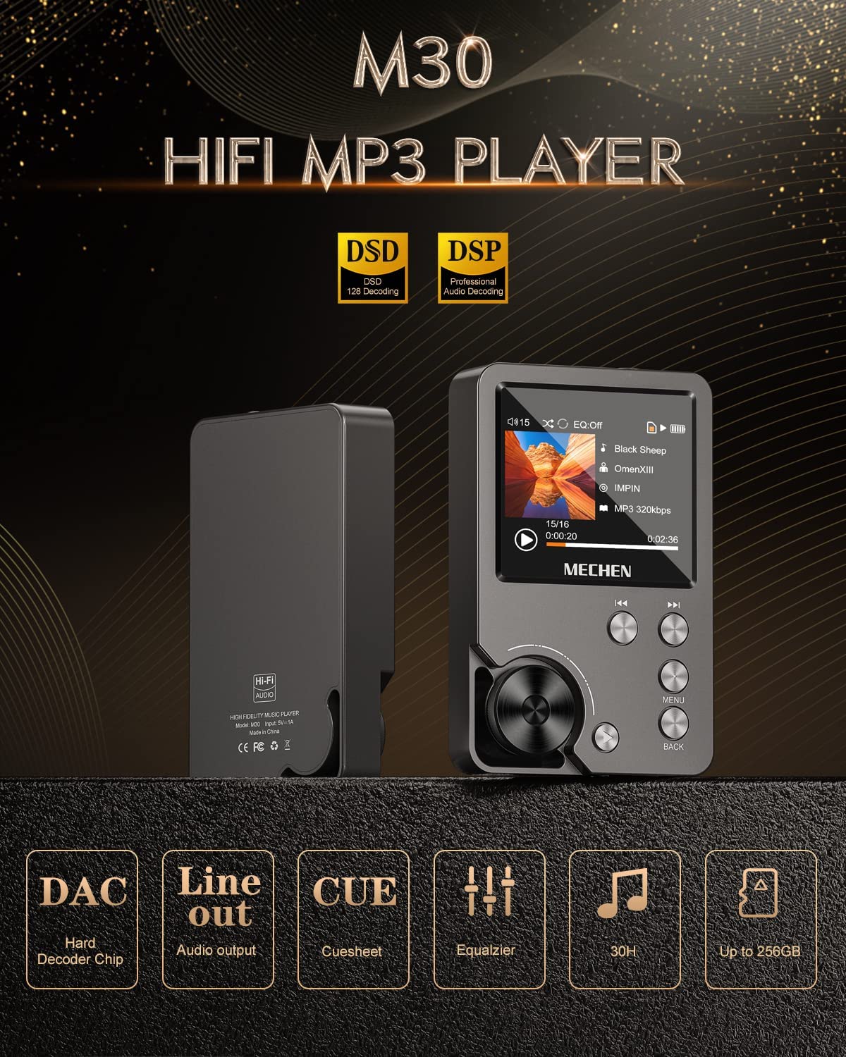 Mp3- spelares, förlustfri dsd hd-bärbar hi-fi digital musikspelare med 64gb minneskort, stöder upp till  to 256gb