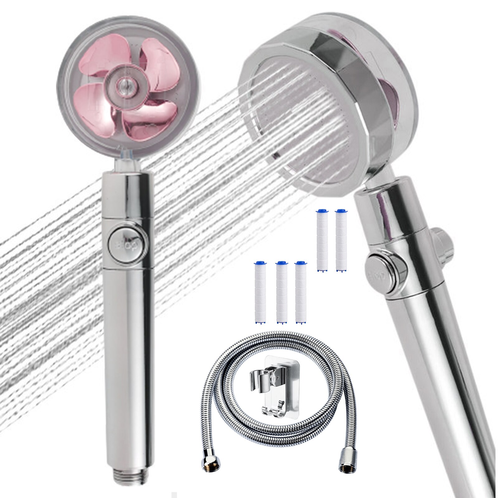 8Pcs Neerslag Turbo Douchekop Set Hoge Druk Regendouche Gedraaid Turbocharged Douche Met Ventilator 5 Filter Slang rack: 8PCS Pink