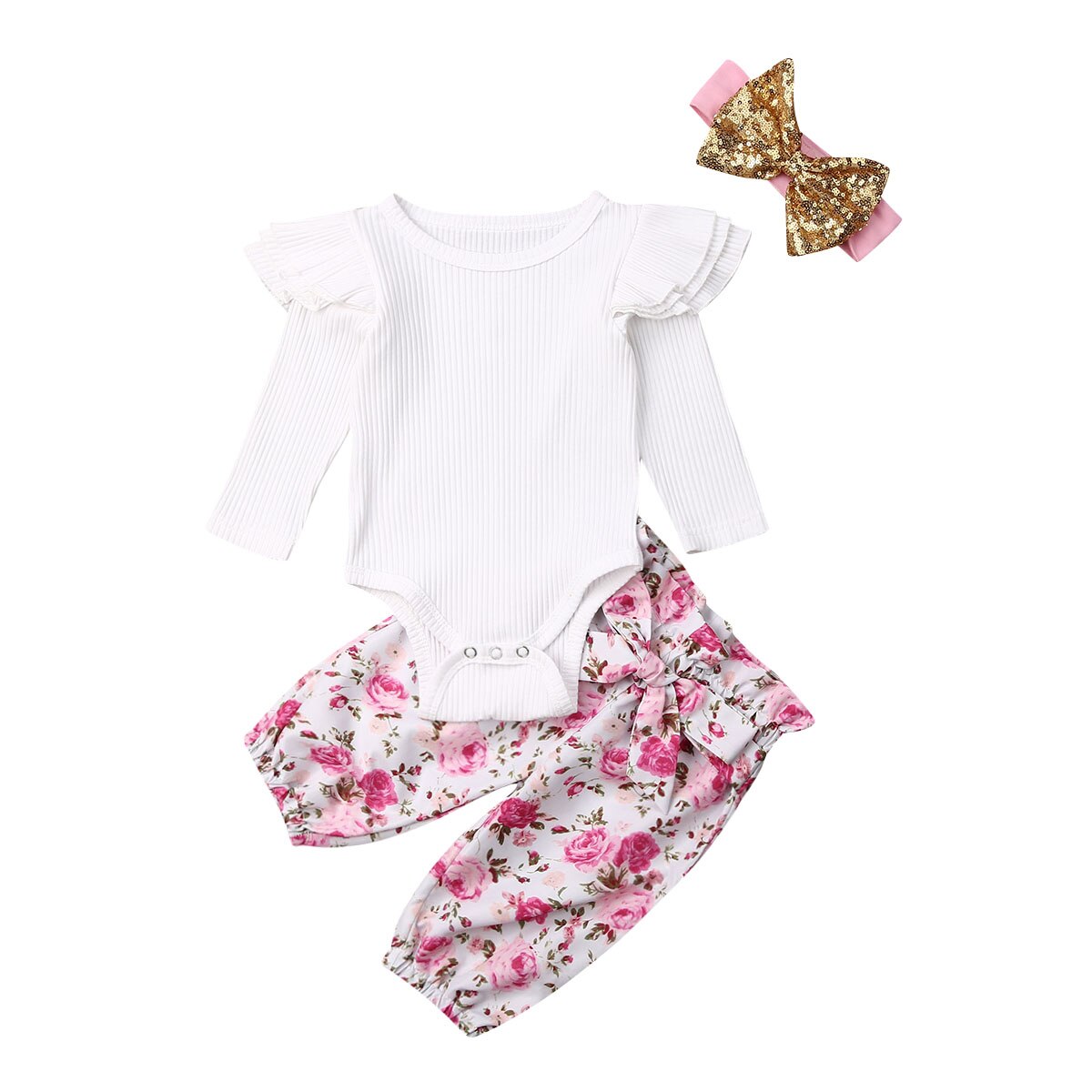 3Pcs Infant Baby Girls Tops Romper Floral Pants Outfits Set Clothes: Red / 6M