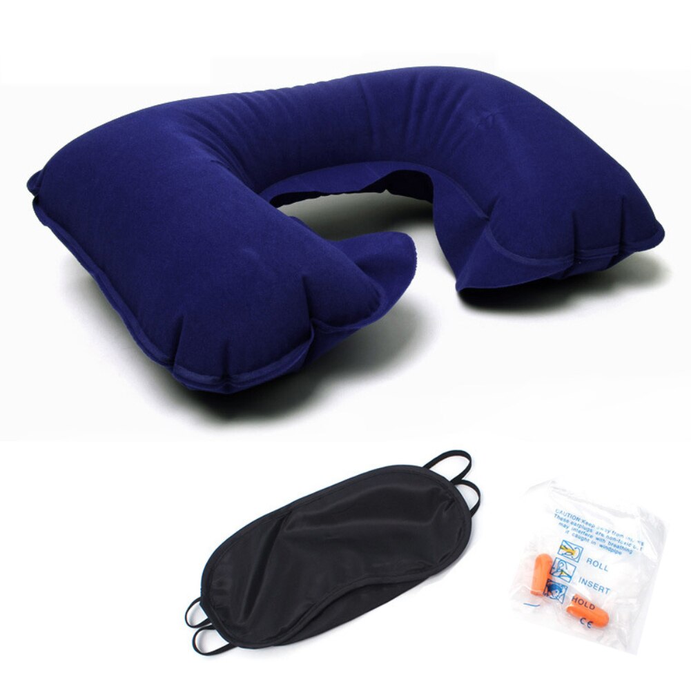 Outdoor Reizen Auto Vliegtuig Pvc Massaal Opblaasbare U-Vormige Hals Rest Kussen Geluidsdichte Oordopjes Blackout Oogmasker Drie-stuk: Deep Blue