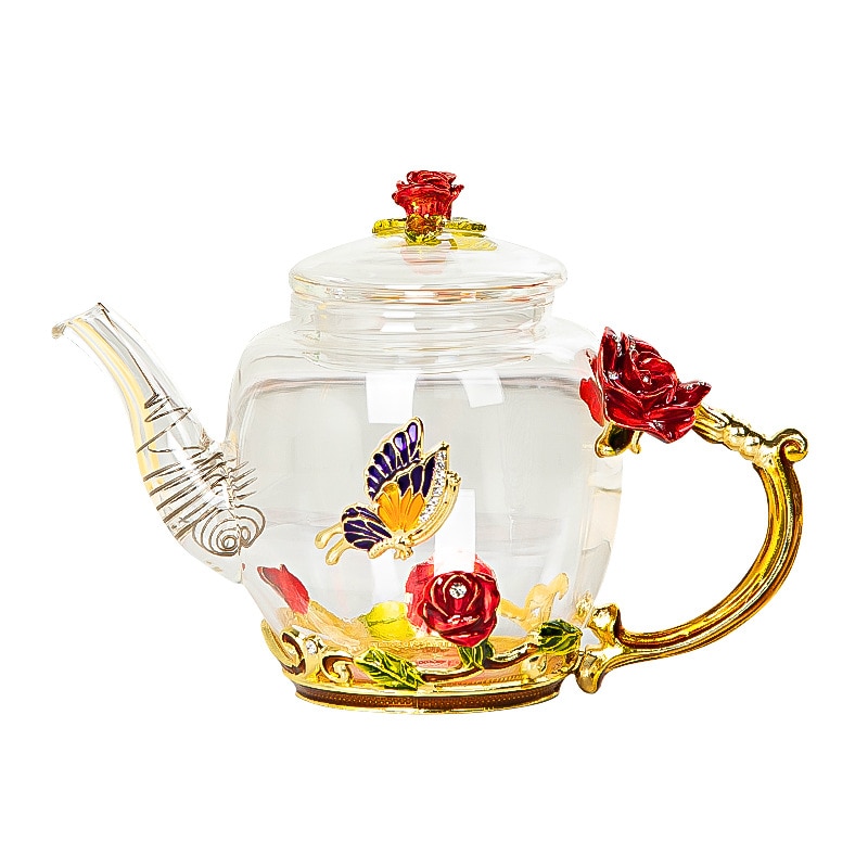 Juego de té de cristal con esmalte de rosa roja, juego de tazas de vidrio para té con flores, tazas de vidrio para té para bebidas calientes y frías, juegos de té y la Oficina para el hogar,