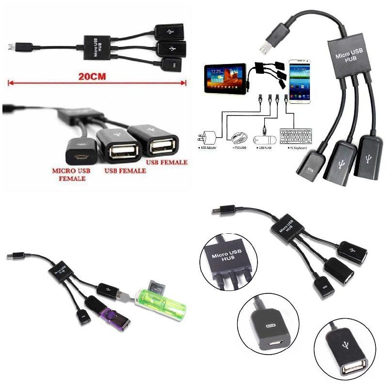 Micro USB HUB 3 en 1 macho a hembra y doble USB 2,0, Cable adaptador OTG, DJA88