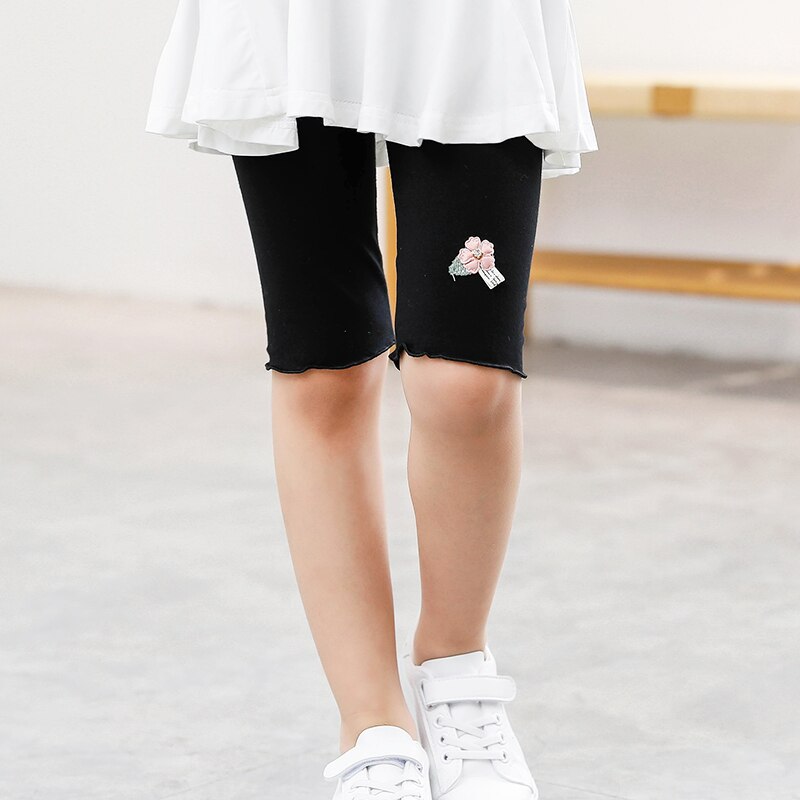 Girls Knee Length Kid Five Pants Solid Color Children Cropped Trousers Spring-Summer All-matches Bottoms Leggings Floral Sweet