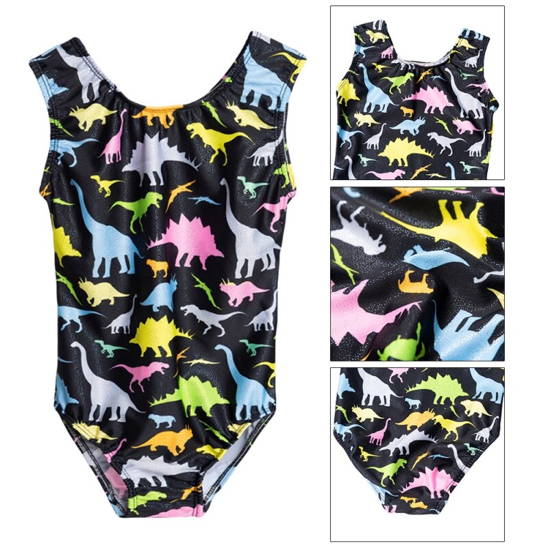 Cute Dionosaur Print Glitter Leotards Girls Kids Gymnastics Leotards Dance Dress Jumpsuit Teens Sleeveless Kids Dance Wear