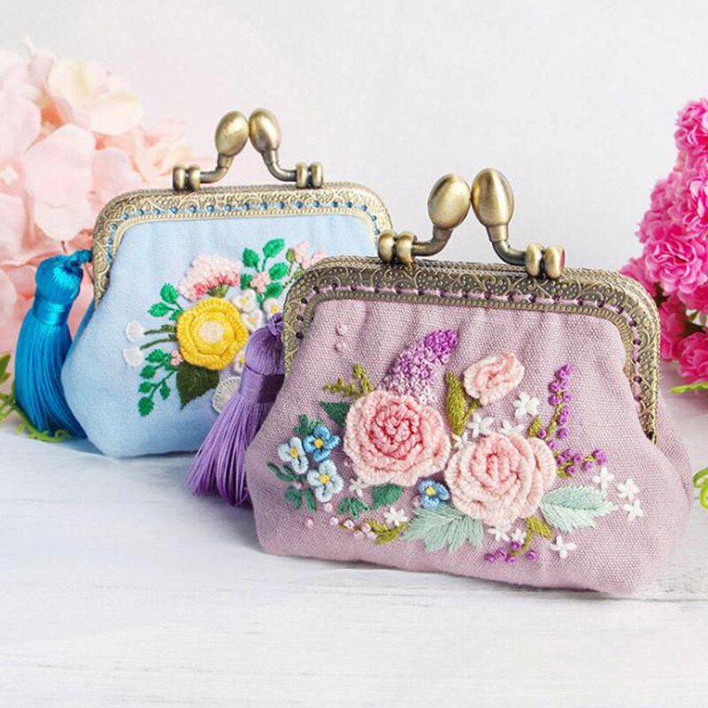 Billetera con bordado de flores de cinta para principiantes, Kits de costura, Serie de punto de cruz, manualidades, Kit de materiales de monedero DIY
