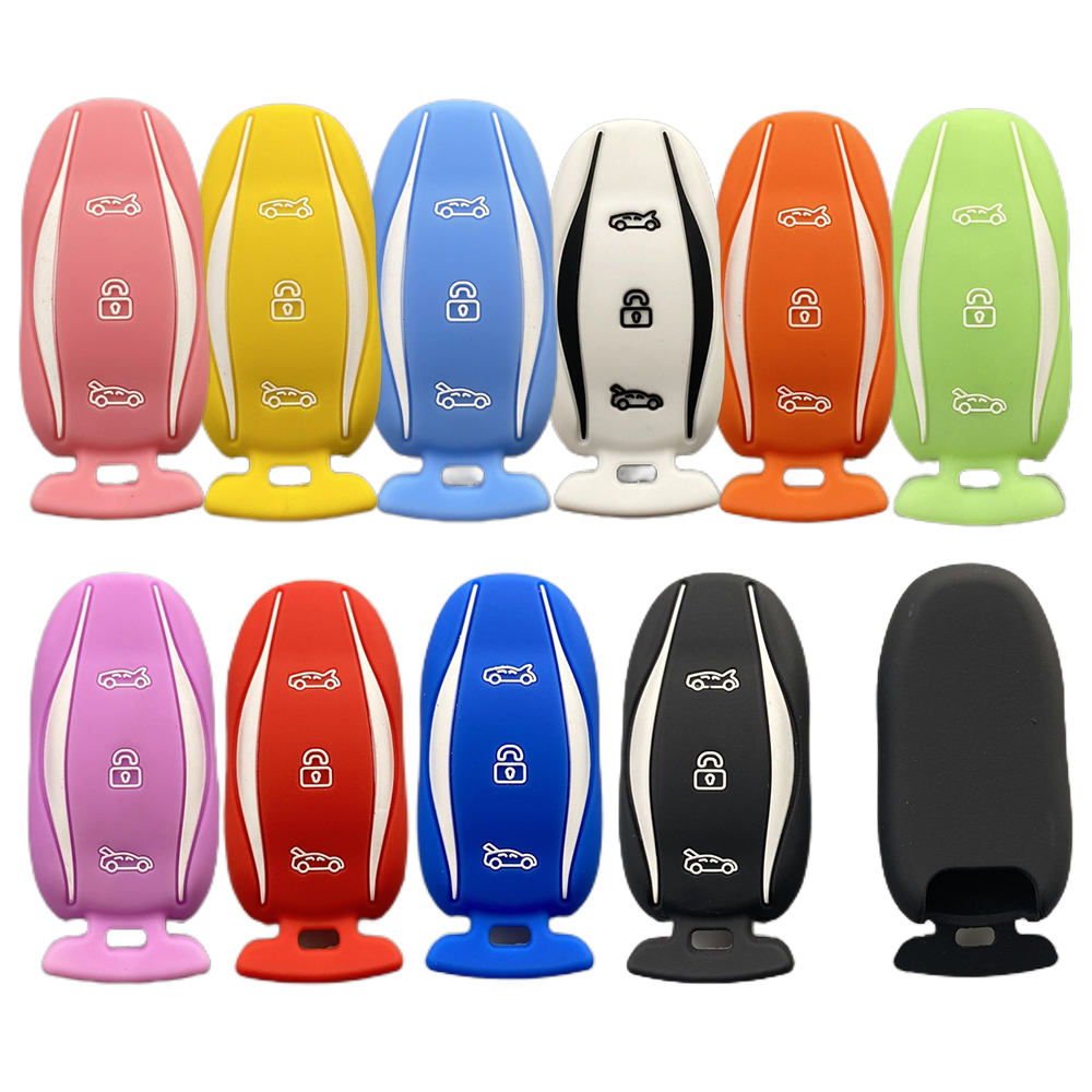 3-knoppen siliconen autosleutel beschermhoes beschermer rubberen huid houder sleutelhanger accessoires voor Tesla Model S P85D P70 afstandsbediening set