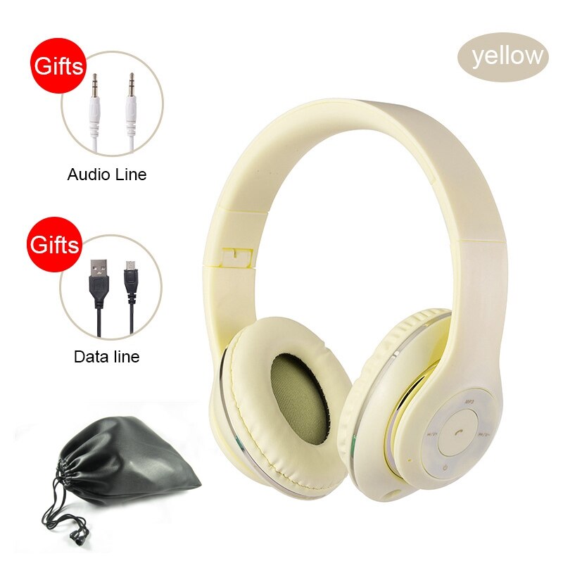 Foldable Bluetooth Wireless Headphones With Mic For Phone Tablet Music Noise Cancel Bass наушники Girl Kid Man Headset with Bag: yellow