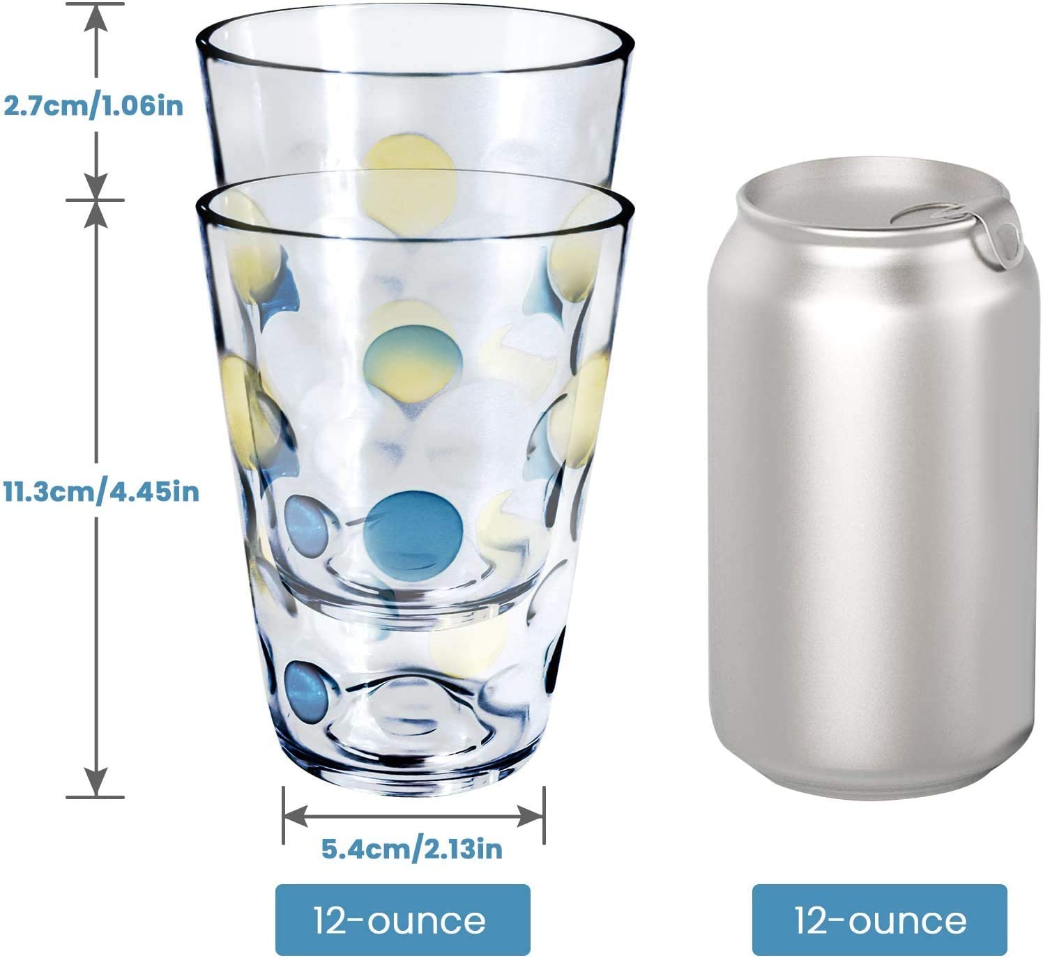 12oz Acrylic Break-Resistant Drinking Glasses Dishwasher Safe Plastic Glass Stackable Juice Cups| Clear Set of 8 (Blue)