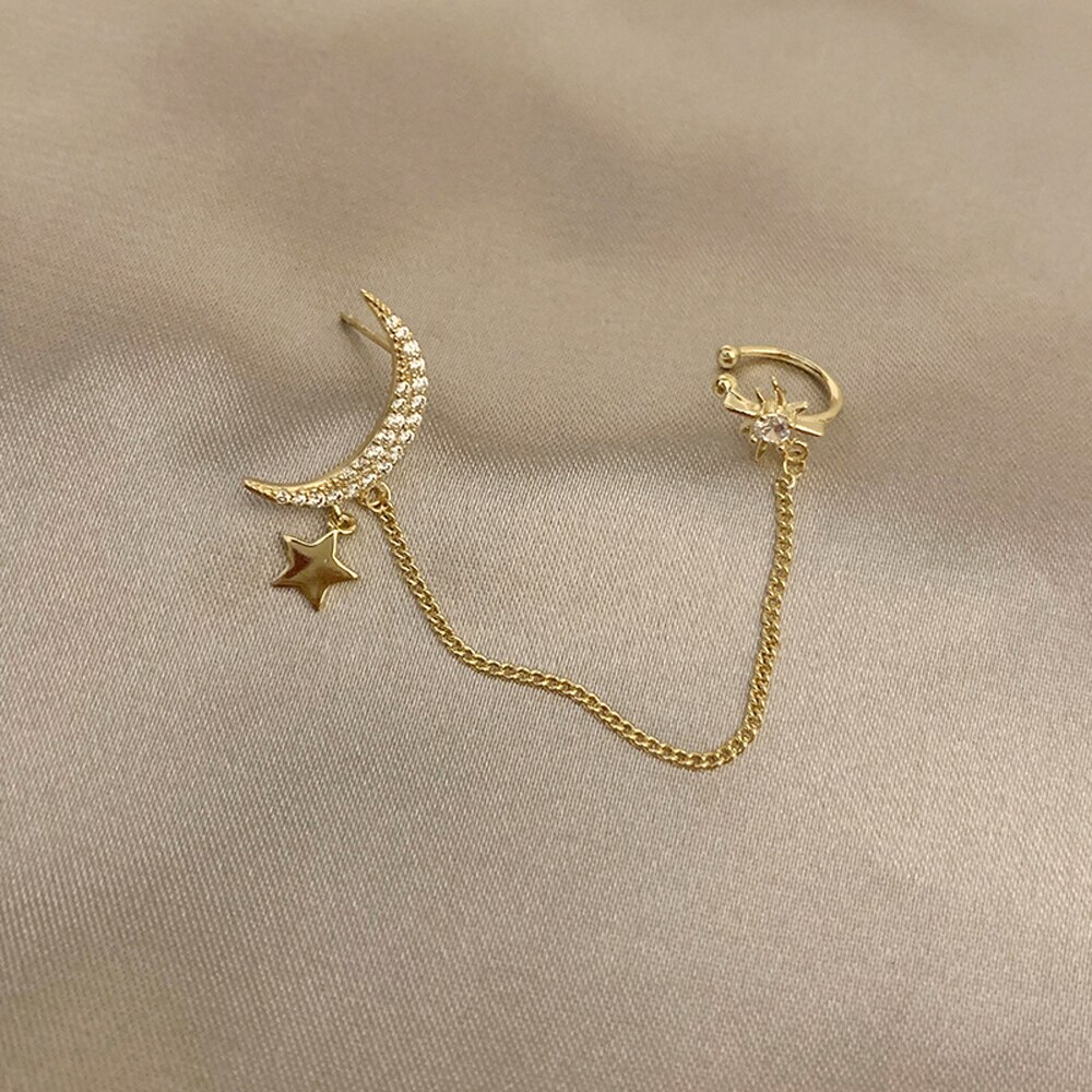 1Pcs Eenvoudige Moon Star Tassel Chain Earring Gold Lange Dangler Voor Vrouwen Meisjes Mode Elegante Oor Clip Sieraden