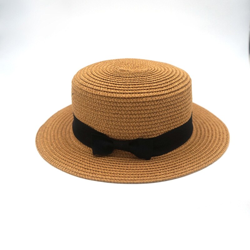 eenvoudige Zomer Vrouwelijke Casual Panama ouder-kind Strand Hoed Dame Vrouwen Platte rand Strik Stro cap glris zonnehoed: 1 / 50-54cm children