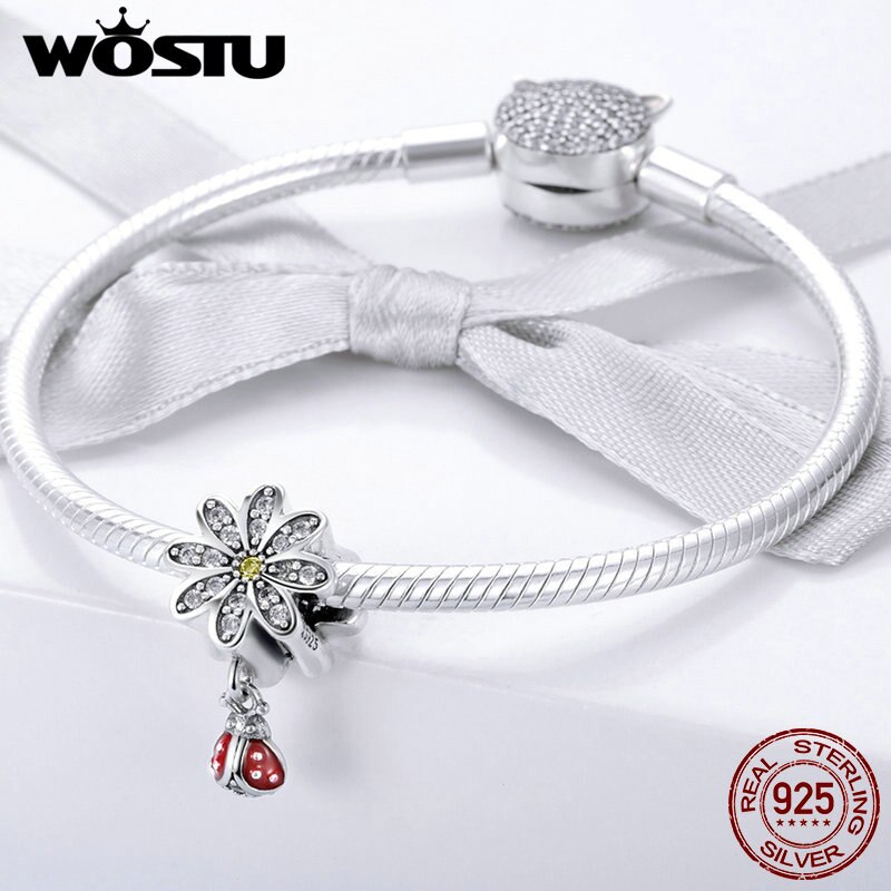 Wostu 925 sterling silver daisy & ladybug dingla charm passar original gör-det-själv pärlor armband smycken göra cqc 727