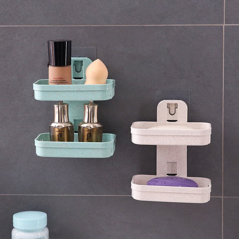 Soporte de plástico con ventosa para el baño, soporte de pared de doble cubierta, drenaje , almacenamiento de jabón, bastidores dobles, novedad