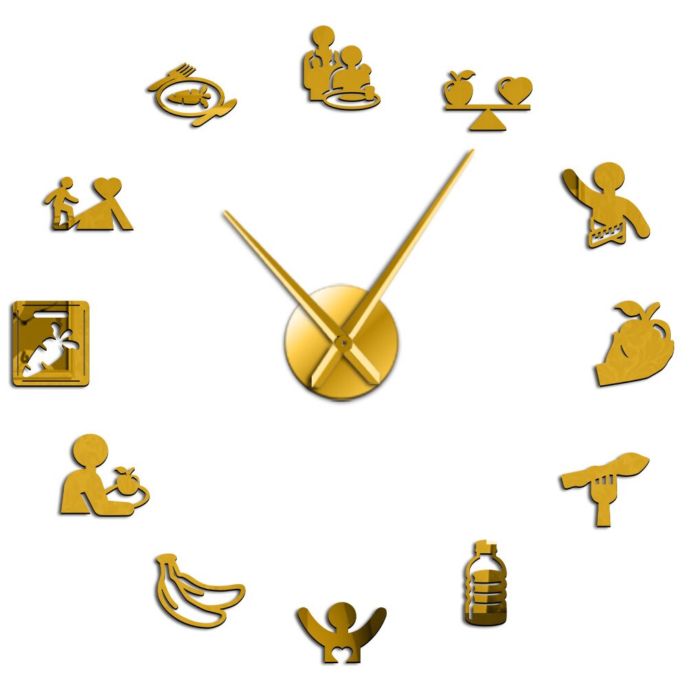 Voedingszorg, gezonde voeding, voedingsdeskundige, wandkunst, hangende wandklok, doe-het-zelf spiegelstickers, keuken, eetkamer, stille muur, horloge: Goud / 27 inch