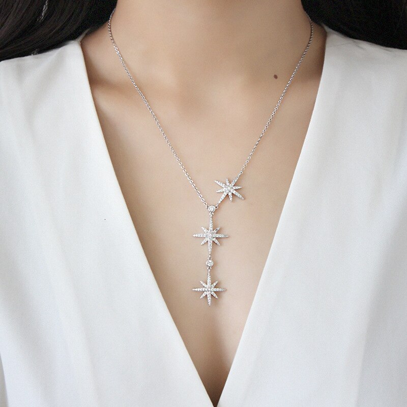 Real 925 Sterling Silver Pendant Necklace For Women Stars Long Pendants 4A Zircon Boho Collares De Moda Accessories Fine Jewelry