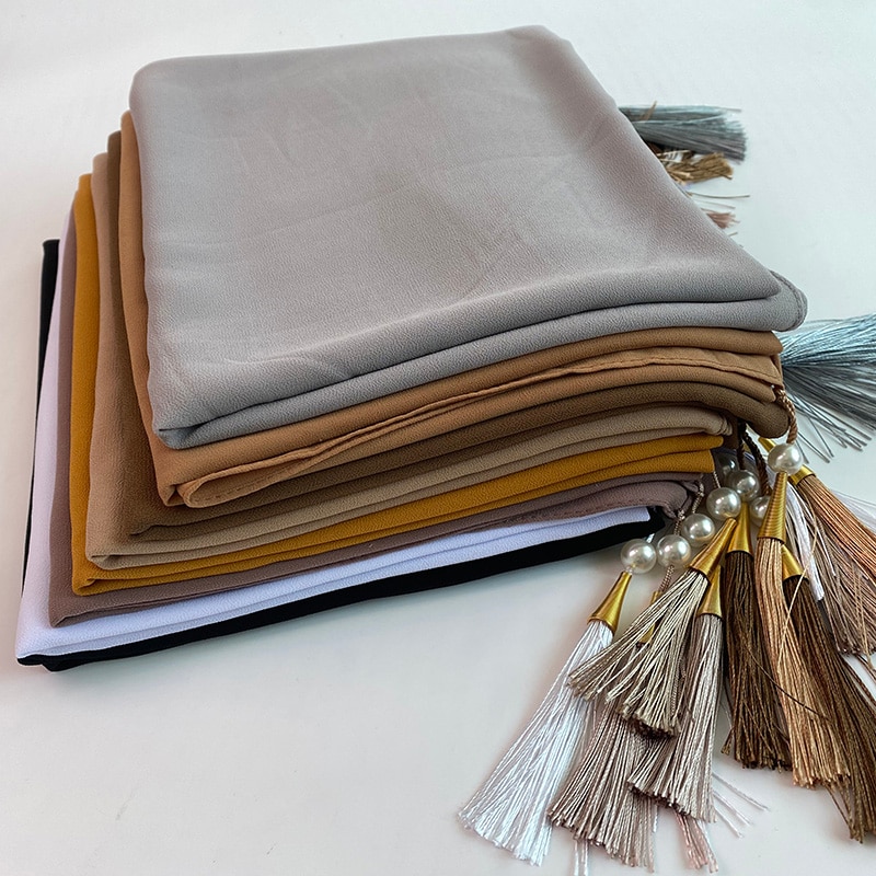 1 Pc Bubble Chiffon Solider Kleur Sjaal Lange Soft Wrap Sjaal Sjaals Femme Bufandas Kralen Parels Hijaabs Kwastje Sjaal