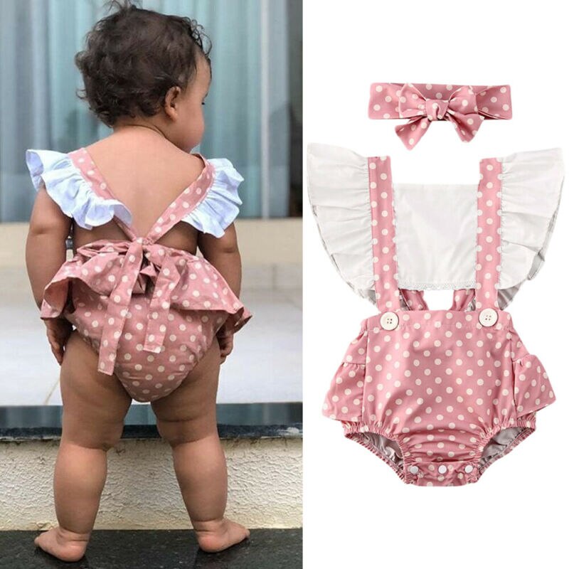 Baby Zomer Kleding Peuter Baby Meisje Dots Ruffle Backless Playsuit Bodysuit Hoofdband Outfits Set Patchwork Sunsuits