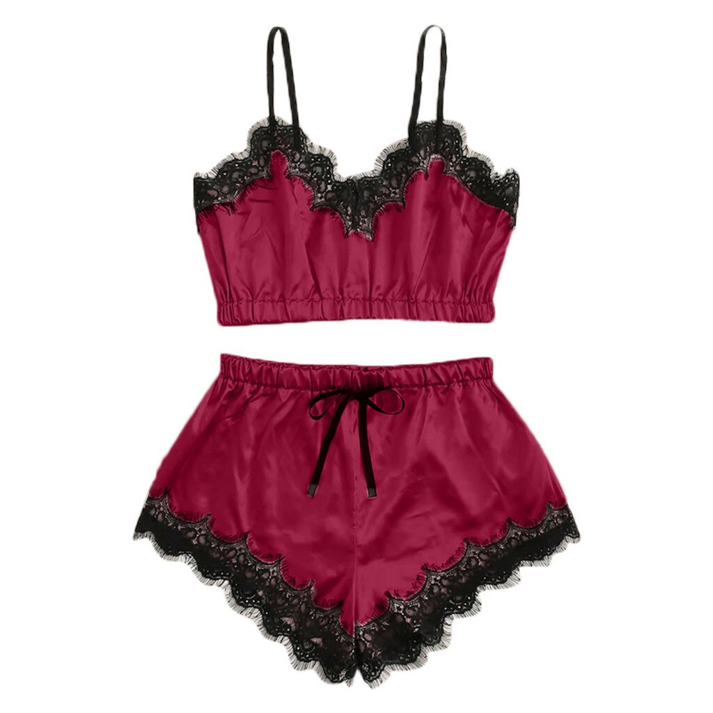 Kvinnor sexiga nattkläder ärmlös rem nattkläder spetskant satin cami topp pyjamas set topp +shorts ropa de dormir: Vin / M