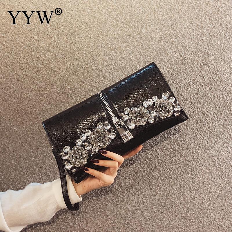 YYW Schwarz Umschlag Clutch Tasche Für Frauen Blume Strass Geldbörse Und Handtasche Mit Zipper Hochzeit Kupplung Tasche Silber Vintage Brieftasche