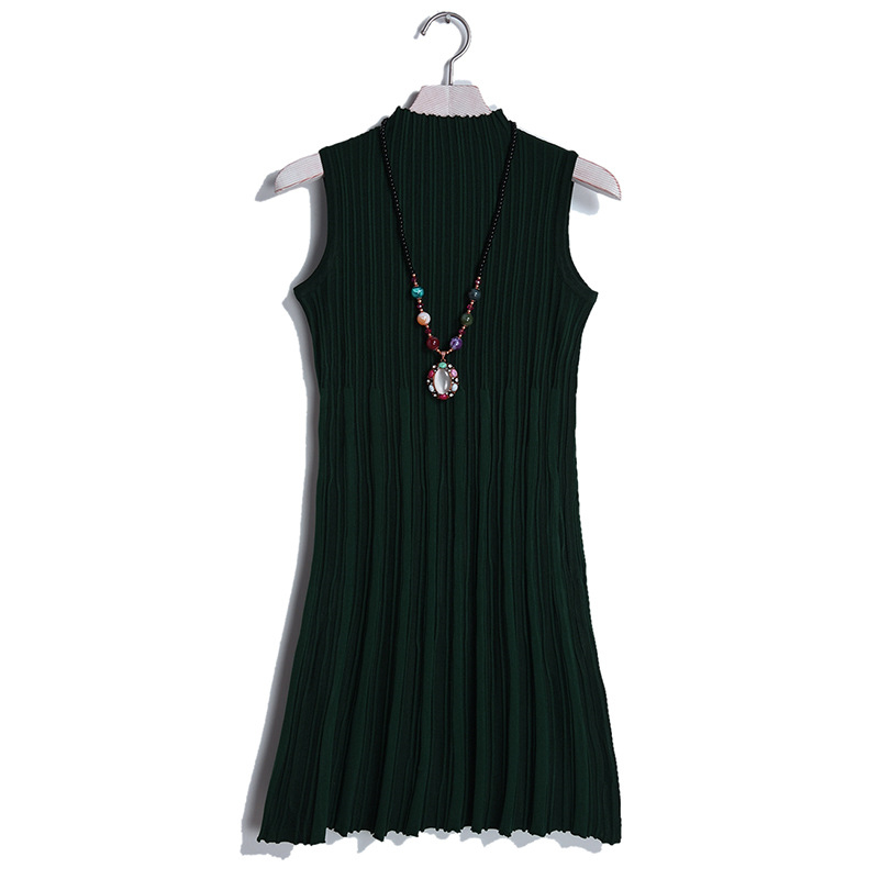 Women Autumn Bandage Knitted Dress Women Turtleneck Sleeveless A-line Striped Mini Sweater Dress vestidos de fiesta: Green