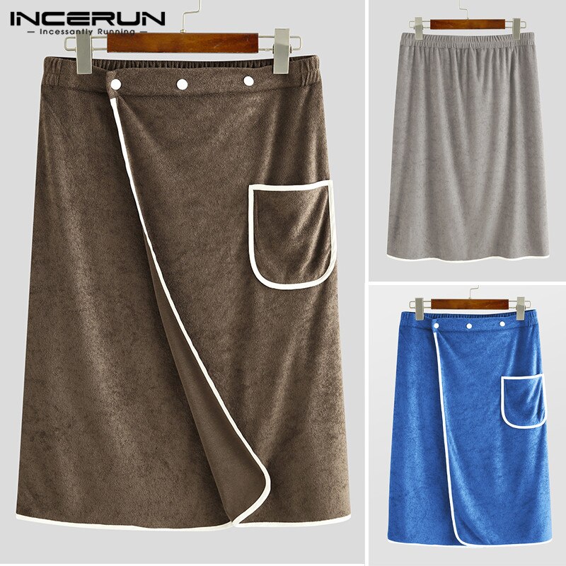 Soft Men Bathrobe Pockets Solid Comfortable Homewear Button Men Bath Skirts Towel Robes Shower Men Beach Bathrobes S-5XL INCERUN