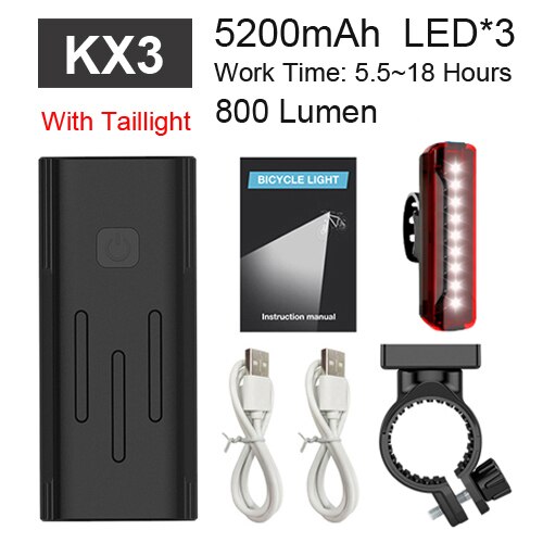 Newboler 5200 mah krachtige fietslamp 3 led aluminium usb fiets koplamp set regenbestendige mtb voorlamp fietslamp powerbank: Kx3 sets