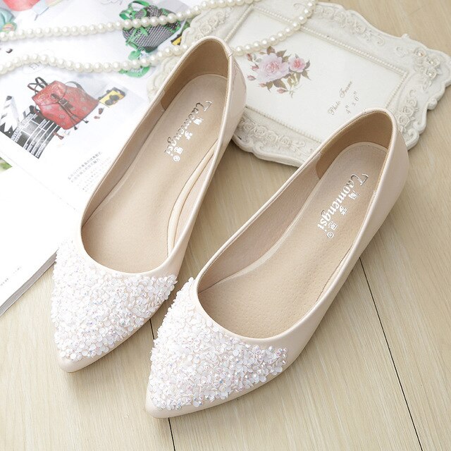 Kvinder ballet sko fritid spring spids ballerina bling rhinestone flats sko prinsesse skinnende krystal bryllup sko: Beige / 4.5