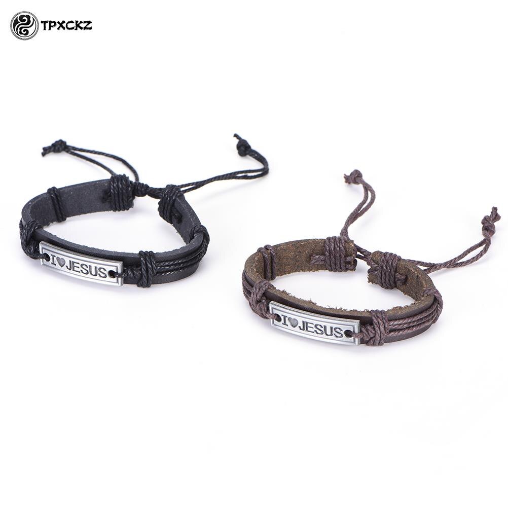 Mannen/Vrouwen Christian Lichtmetalen Wrap Lederen Manchet Bangle Armband Van &quot;I Love Jesus&quot;