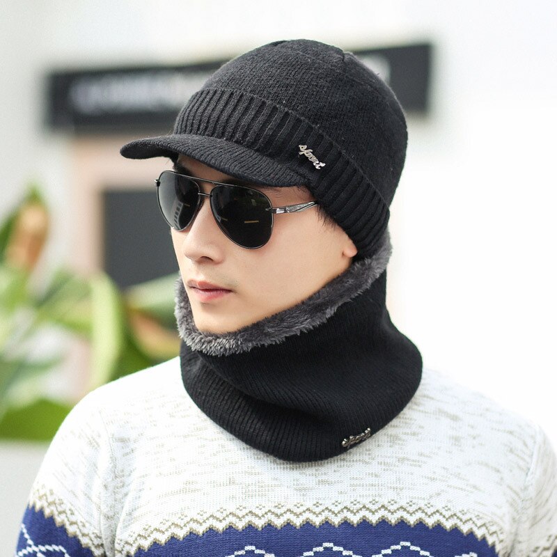 Herfst Winter Mannelijke Hoeden Sets Warm Gebreide Wollen Mutsen Sjaals Pak Jongen Cap Hals Kraag Dikke Pluche Mannen Hoed Sjaal 2 stuks Set: solid black