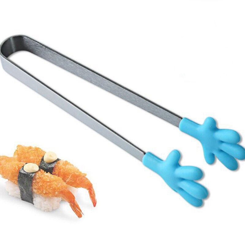 Pinza de acero inoxidable para cocina, utensilio de cocina de silicona, pinza de alimento para hielo, barbacoa, ensalada, Clip de mano: Azul
