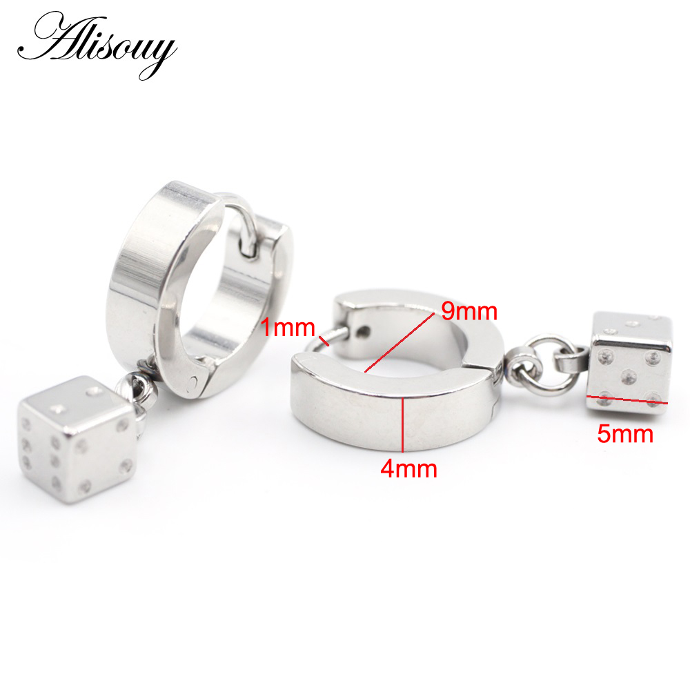 Alisouy 2 Stuks Punk Rvs Stud Huggie Hoop Oorbellen Voor Vrouwen Mannen Cube Vierkante Dice Dangle Oorbellen Hiphop Goth oorbellen: 5mm Steel Color