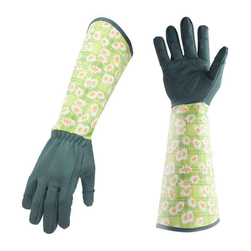 Langærmet læderhavehandsker punkteringsbestandig polstret håndflade forstærket fingerspidser beskæring af blomsterhandskedæksel: Grøn