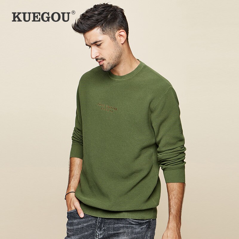 Kuegou 100%  bomull høst vinter herregensere enkel strikket genser broderi gensere herre topp pluss størrelse bz -12596