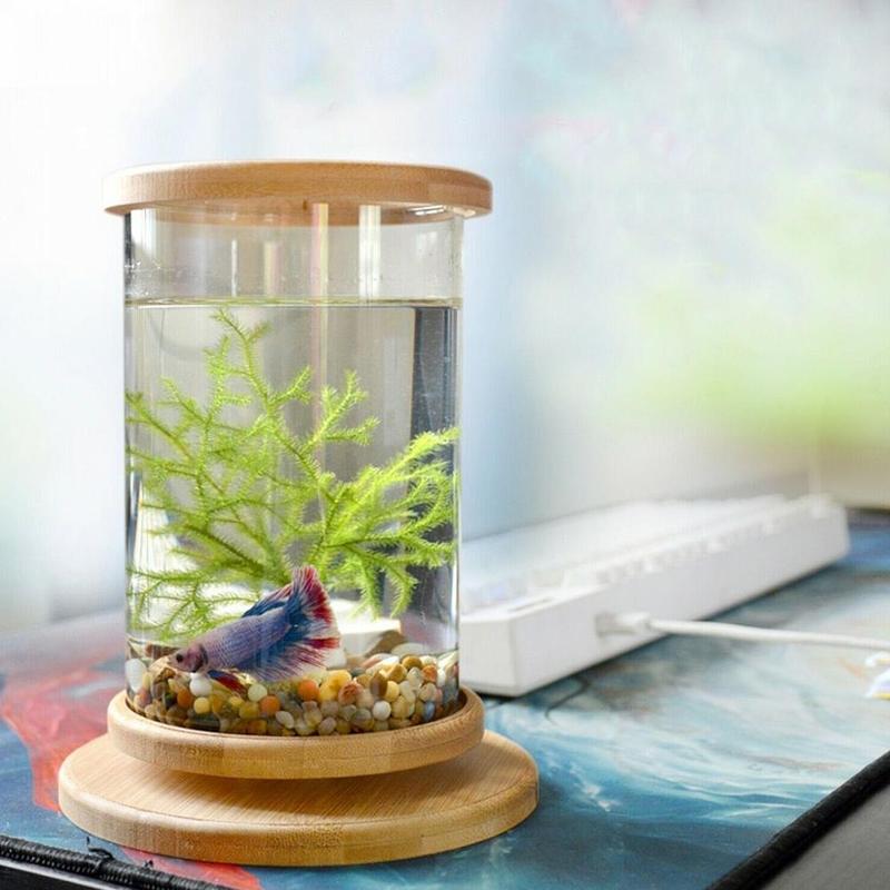 Small Office Glass Aquarium Bamboo Base Mini Fish Tank Fish Bowl Decoration O8Y0