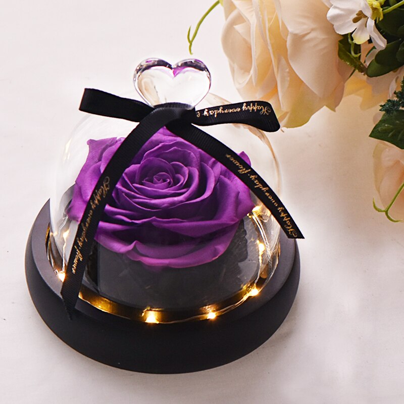 AINYROSE fleur de Rose artificielle en dôme de verre avec lumière LED boîte lampe de nuit Rose éternelle d'anniversaire de mariage pour fille: Purple Rose with Lig